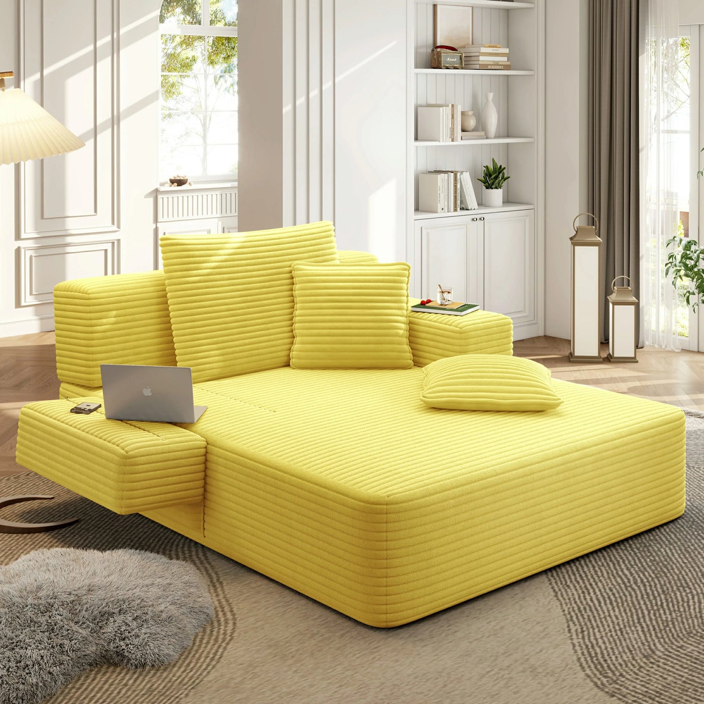 Plush Corduroy Chaise Lounge – Convertible Sofa Bed, Frameless