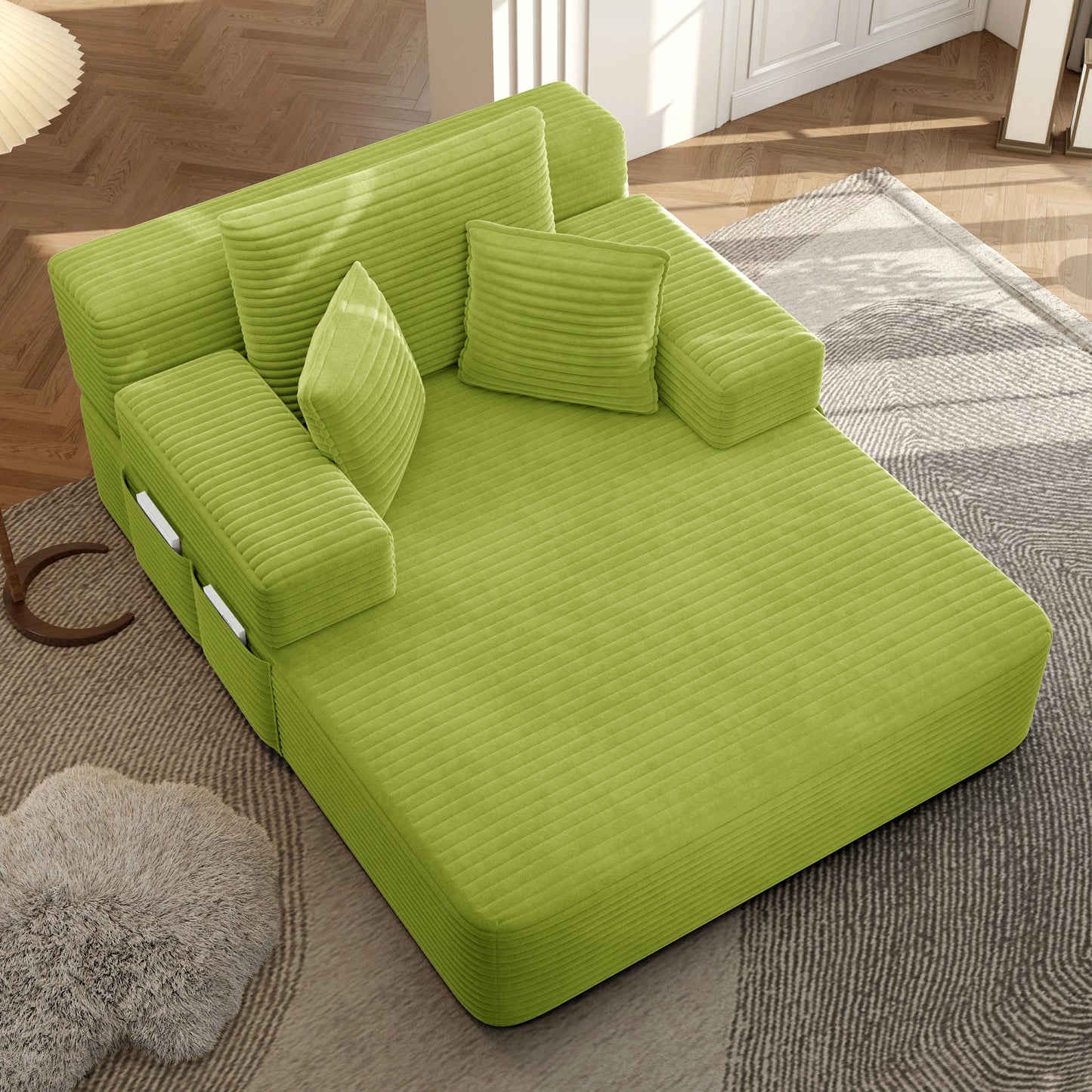 Plush Corduroy Chaise Lounge – Convertible Sofa Bed, Frameless