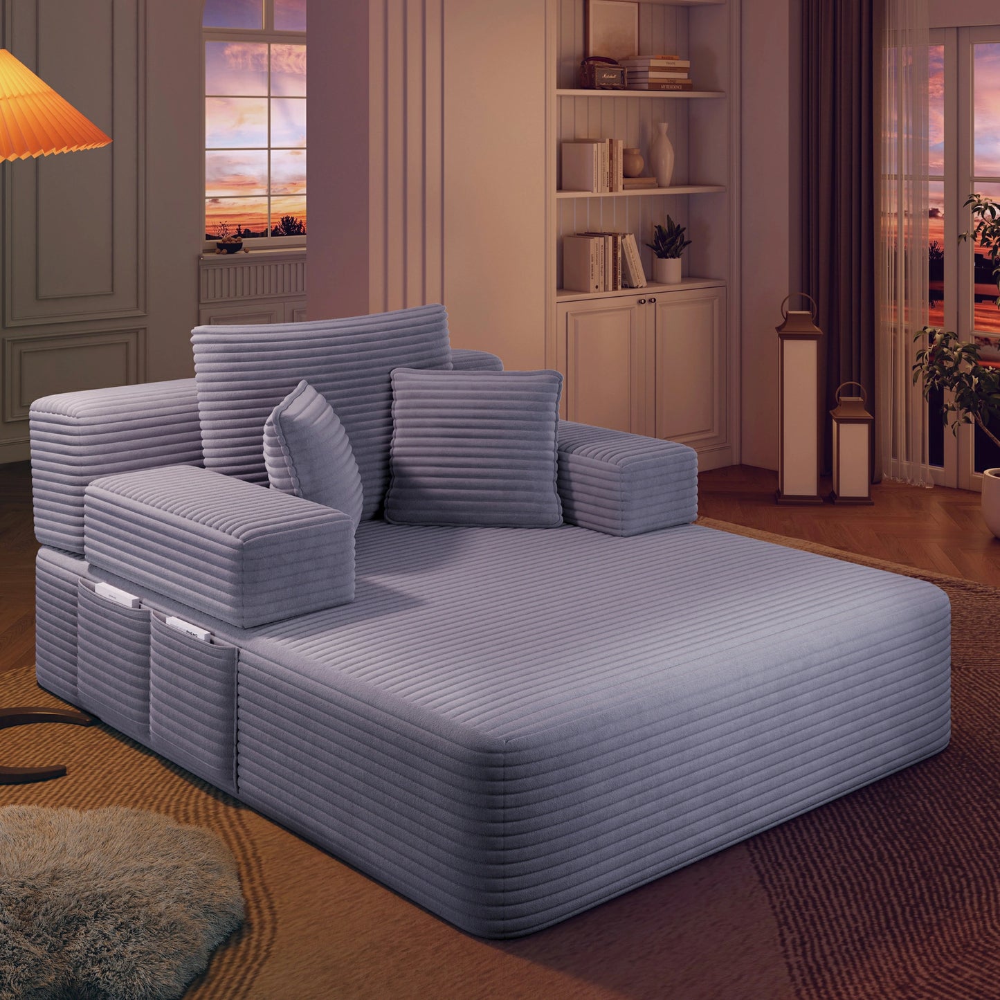 Plush Corduroy Chaise Lounge – Convertible Sofa Bed, Frameless