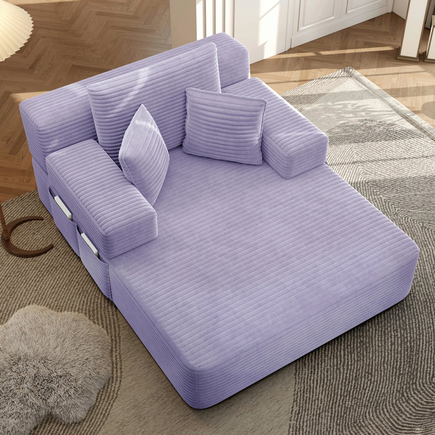 Plush Corduroy Chaise Lounge – Convertible Sofa Bed, Frameless