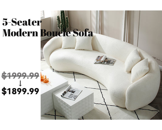 102'' 5-Seater Modern Boucle Sectional Sofa – Curved Half Moon Design in White Teddy Fleece Velvet