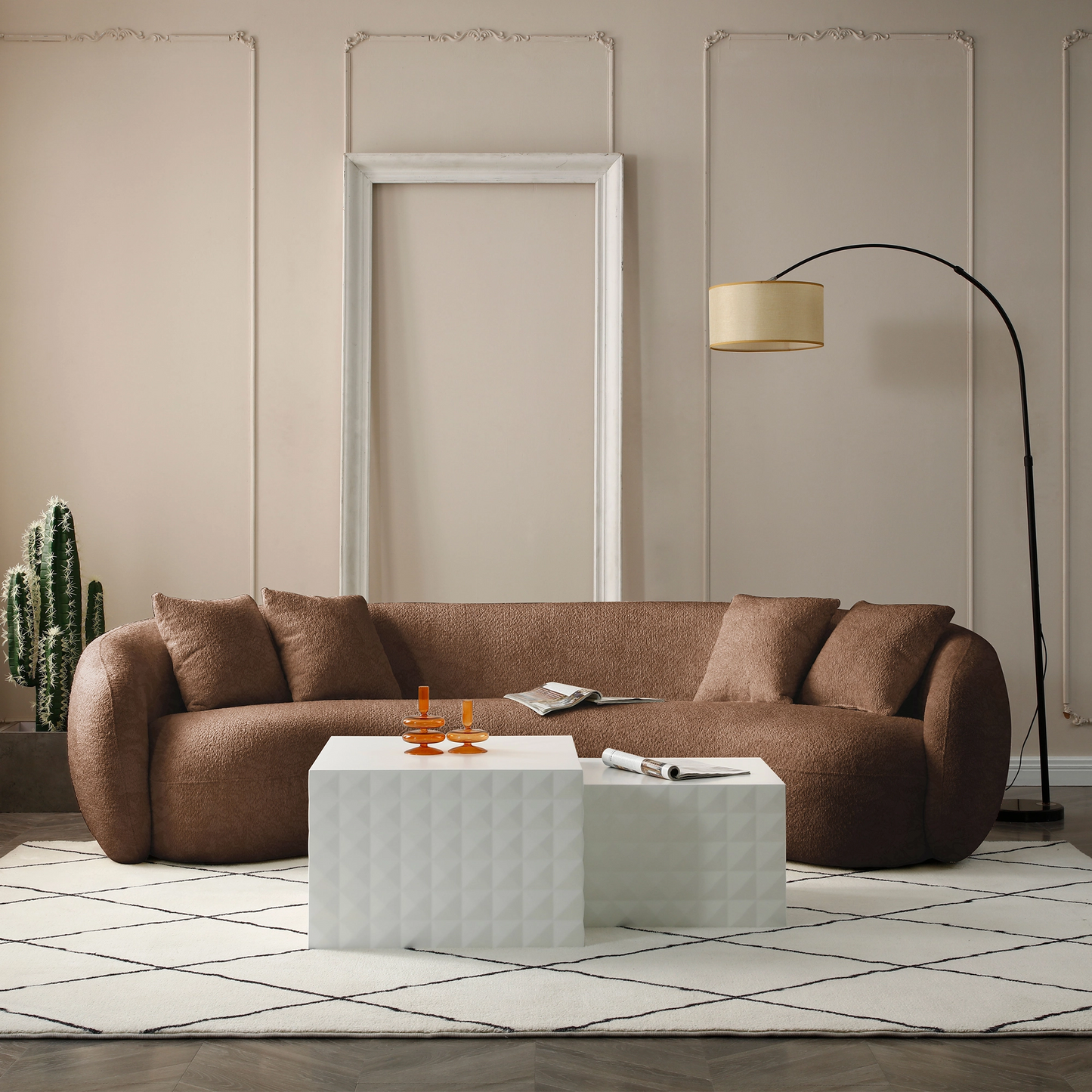 102'' 5-Seater Modern Boucle Sectional Sofa – Curved Half Moon Design in White Teddy Fleece Velvet