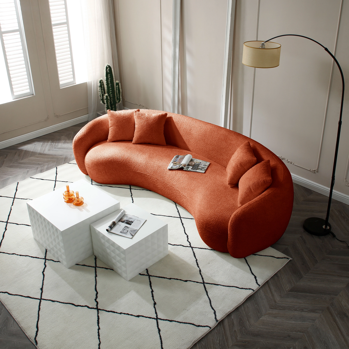 102'' 5-Seater Modern Boucle Sectional Sofa – Curved Half Moon Design in White Teddy Fleece Velvet