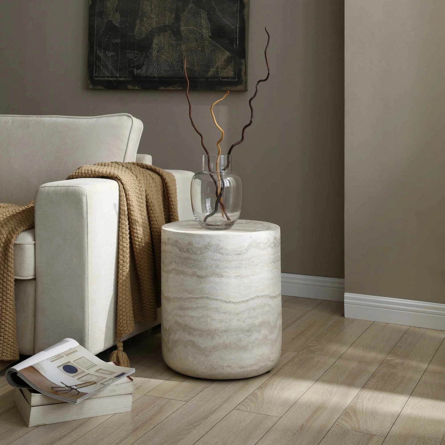 15.74" Round Faux Mars Marble Pattern Coffee Table