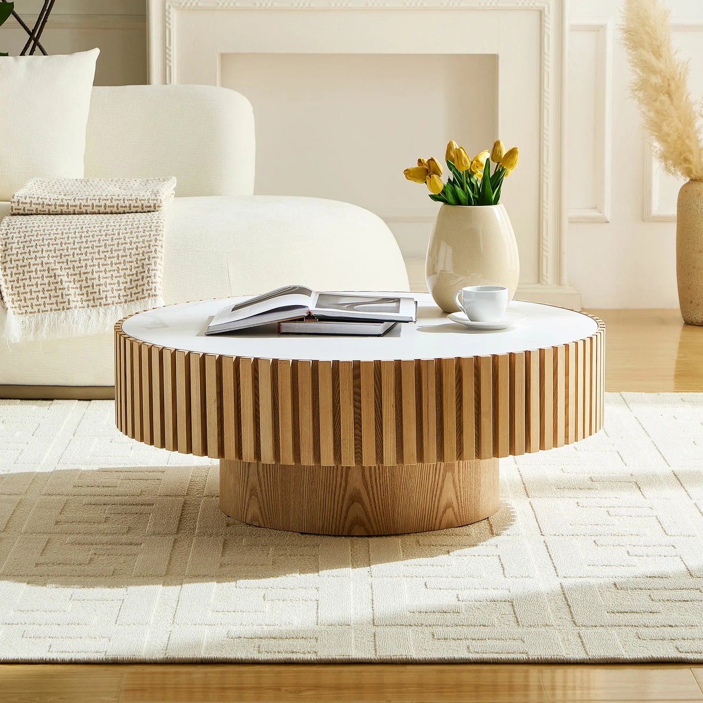 35.43'' Nesting Round Sintered Stone Tabletop Modern Drum Coffee Table