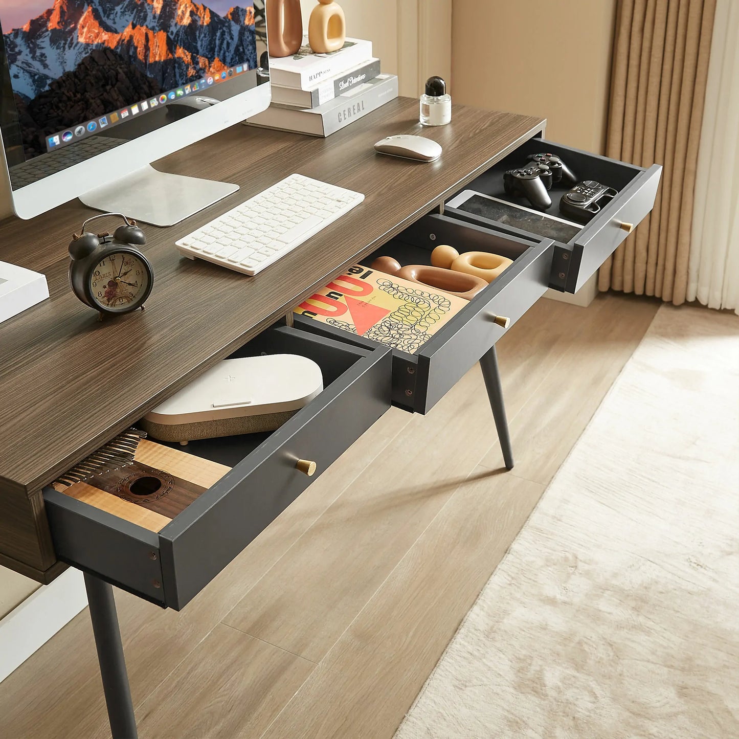 Mid Century Modern Desk with 3 Drawers, Walnut & Dark Grey
