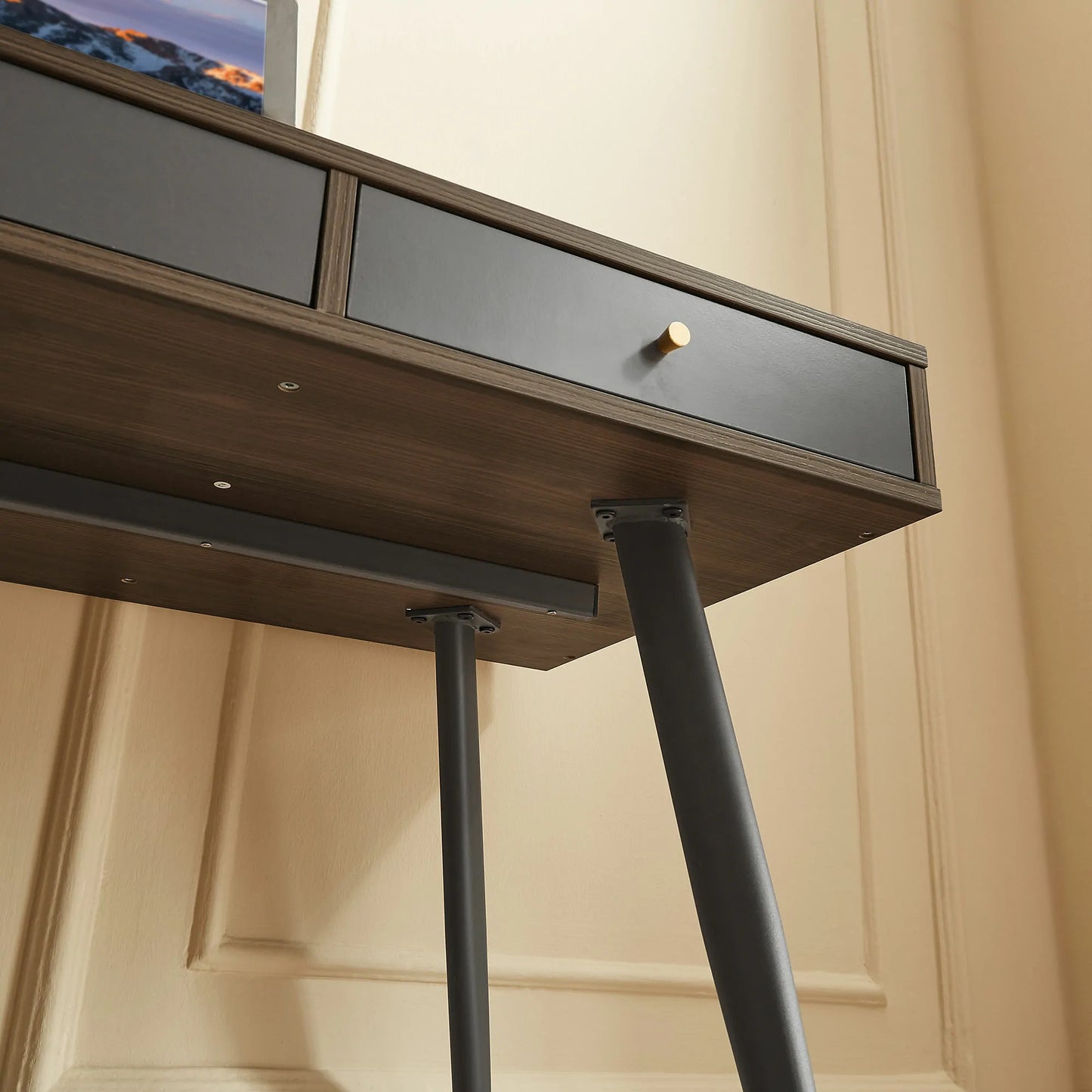 Mid Century Modern Desk with 3 Drawers, Walnut & Dark Grey