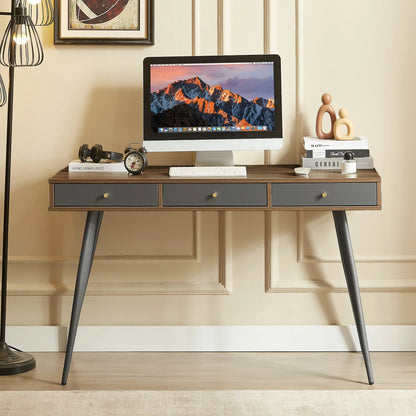 Mid Century Modern Desk with 3 Drawers, Walnut & Dark Grey