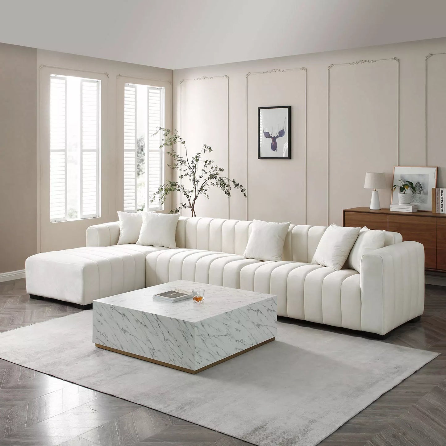 139'' Channel Velvet Material Tufted Sofa Velvet Upholstered Left Chaise Modular Sofa beige