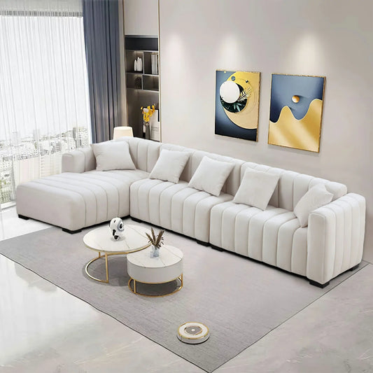 139'' Channel Velvet Material Tufted Sofa Velvet Upholstered Left Chaise Modular Sofa beige