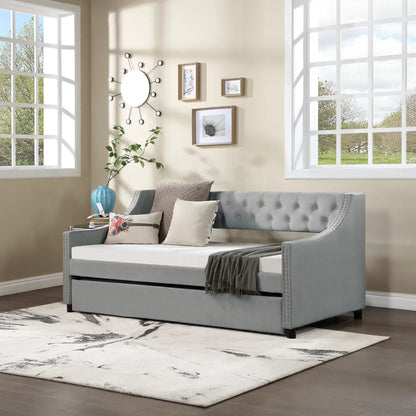 Daybed with Trundle Upholstered Tufted Sofa Bed, with Button and Copper Nail on Arms