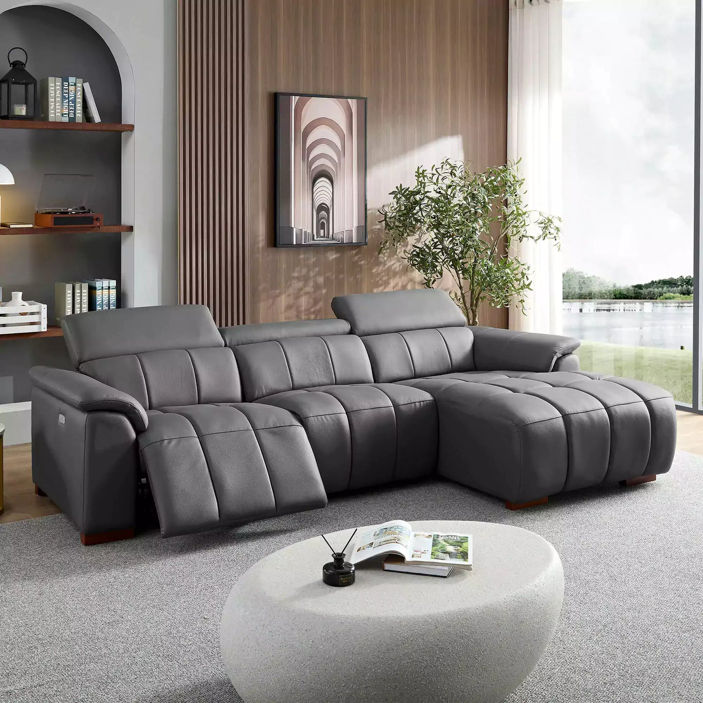 Electric Right-Facing L-Shaped Leather Recliner with USB Port
