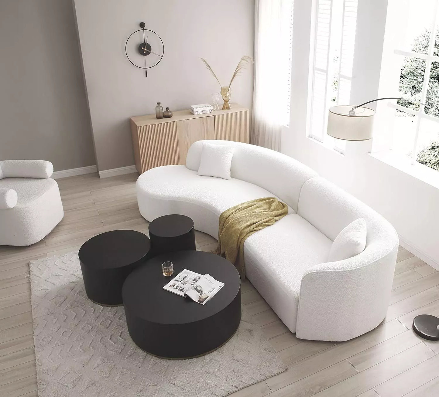 Luxury Modern Upholstery Curved Sofa with Chaise 2-Piece Left/Right-Hand Facing Sectional, Boucle Couch in White