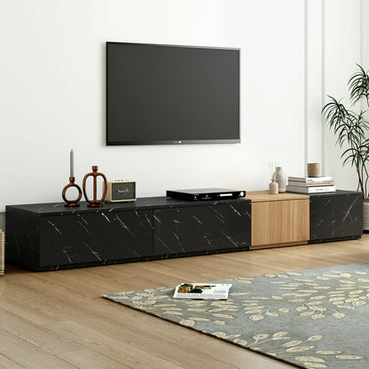 Modern TV Stand with Faux Marble & Walnut Finish for 88" TVs, 4-Drawer
