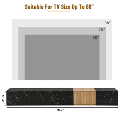 Modern TV Stand with Faux Marble & Walnut Finish for 88" TVs, 4-Drawer