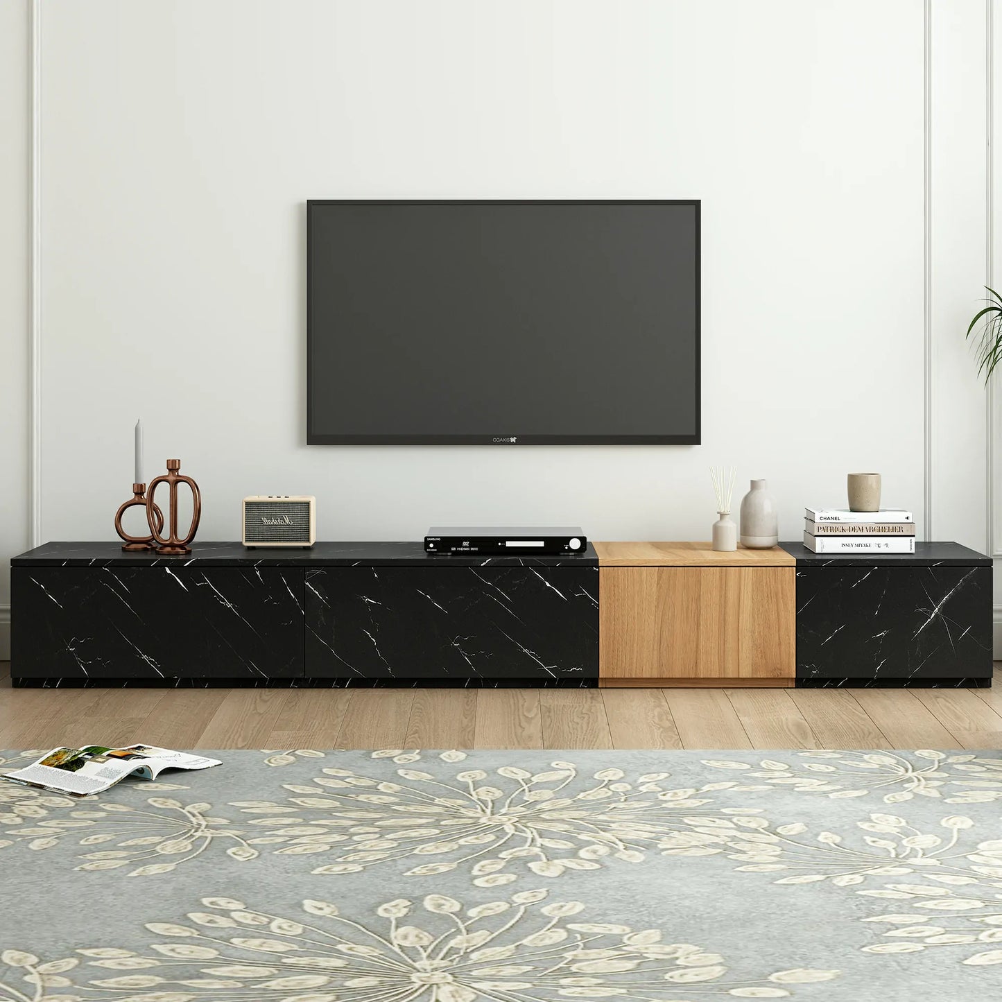 Modern TV Stand with Faux Marble & Walnut Finish for 88" TVs, 4-Drawer