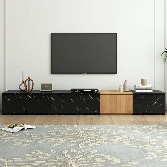 Modern TV Stand with Faux Marble & Walnut Finish for 88" TVs, 4-Drawer