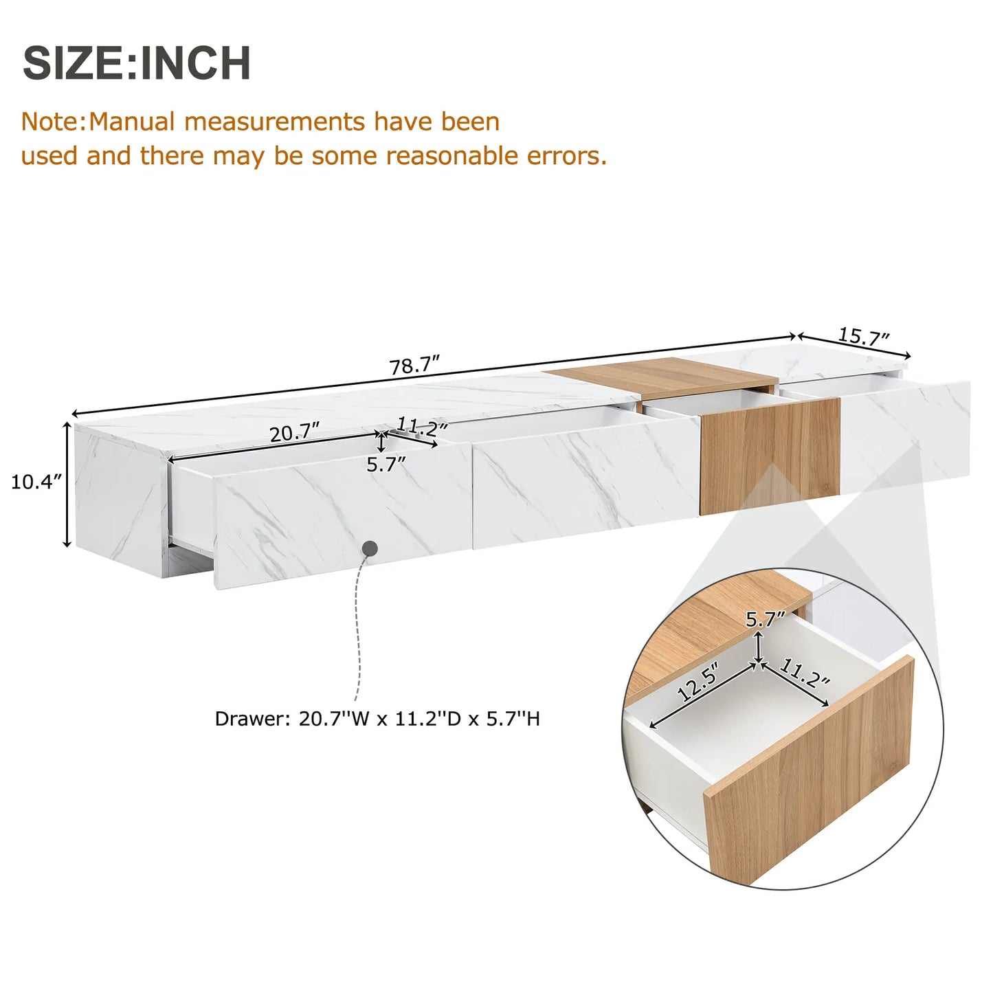 Modern TV Stand with Faux Marble & Walnut Finish for 88" TVs, 4-Drawer