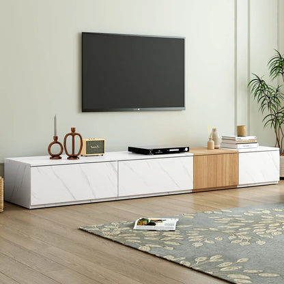 Modern TV Stand with Faux Marble & Walnut Finish for 88" TVs, 4-Drawer
