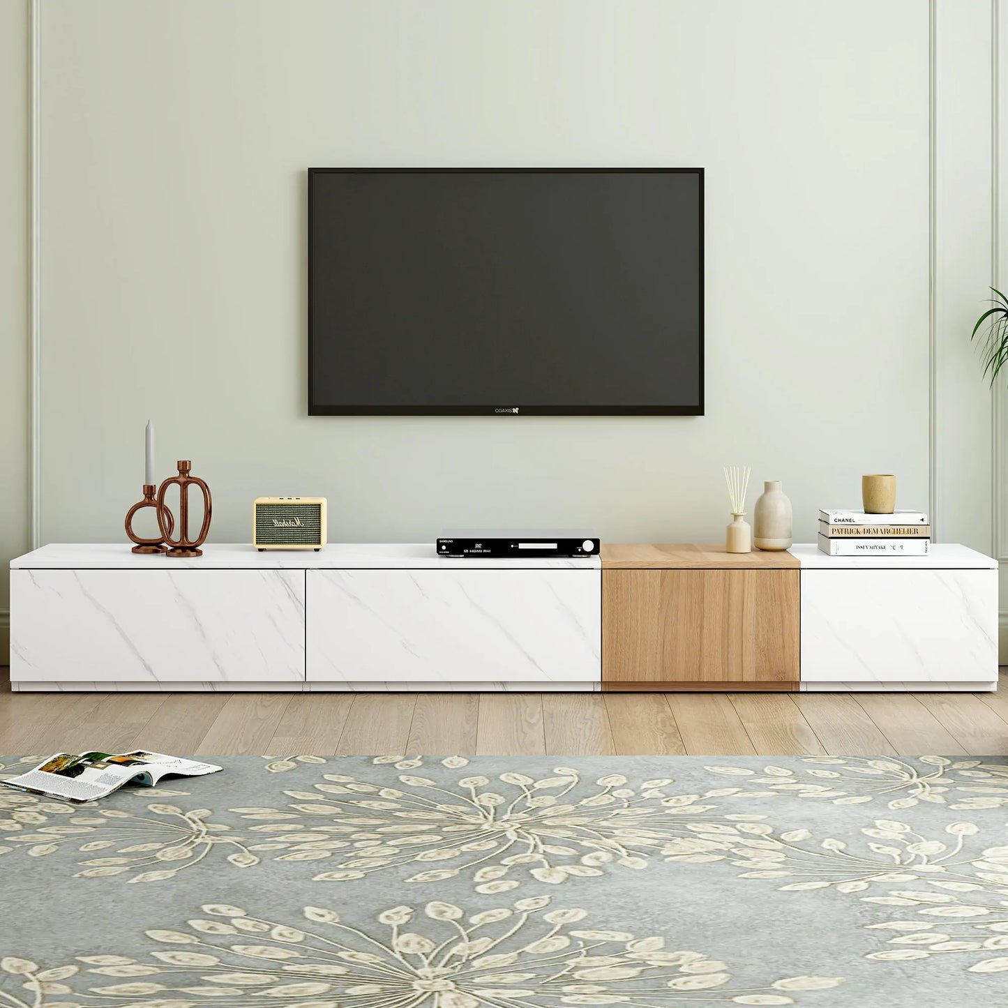 Modern TV Stand with Faux Marble & Walnut Finish for 88" TVs, 4-Drawer