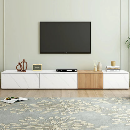 Modern TV Stand with Faux Marble & Walnut Finish for 88" TVs, 4-Drawer
