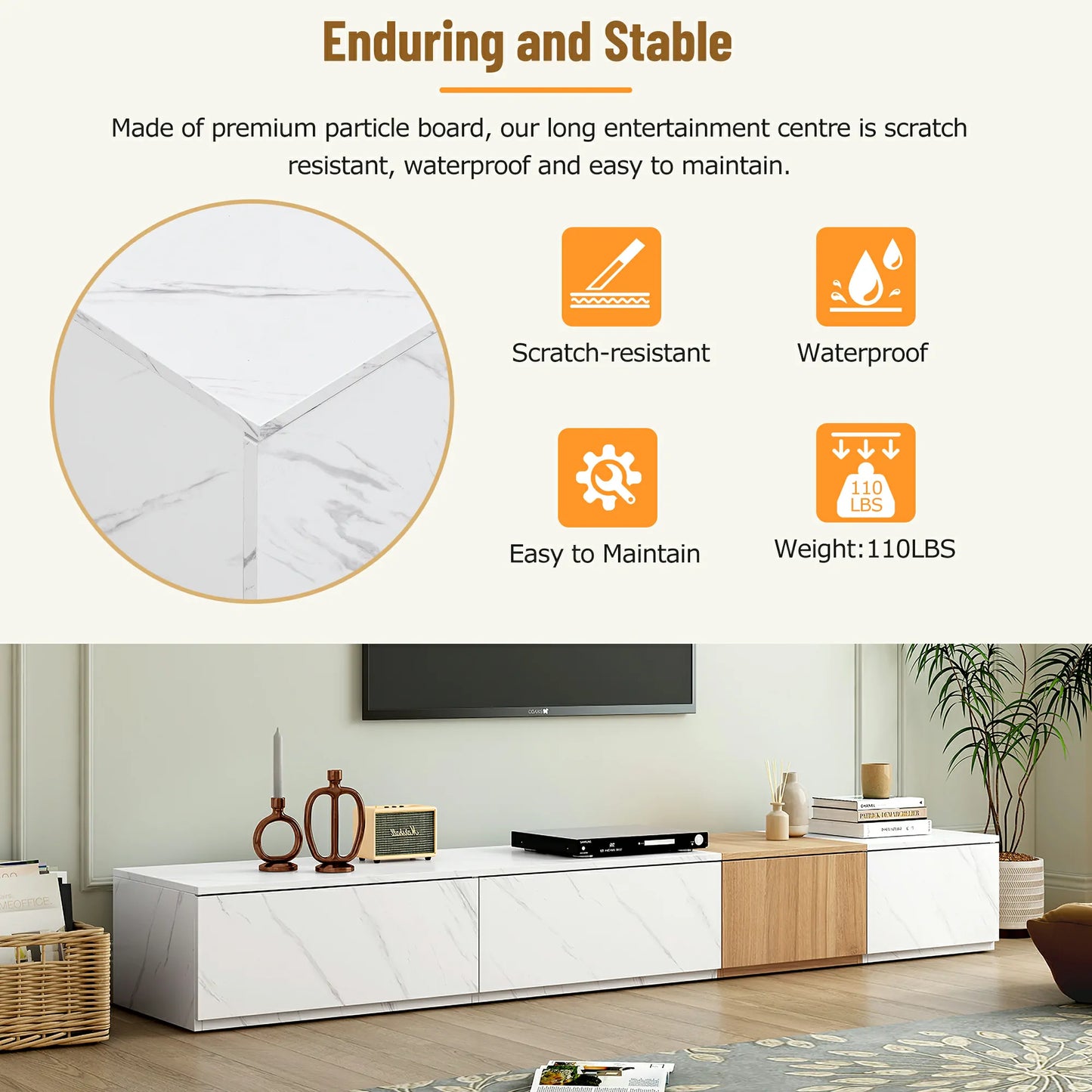 Modern TV Stand with Faux Marble & Walnut Finish for 88" TVs, 4-Drawer