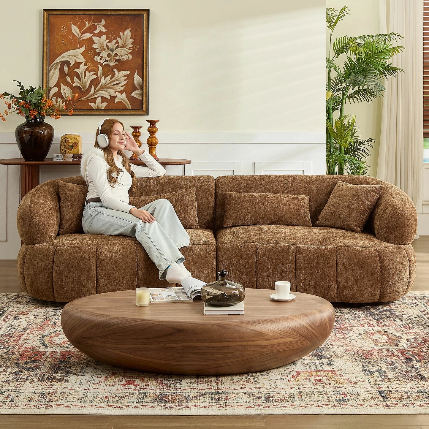 102" Cloud Curved Sectional Sofa – Textured Fabric, 4-Seat Beige/Brown