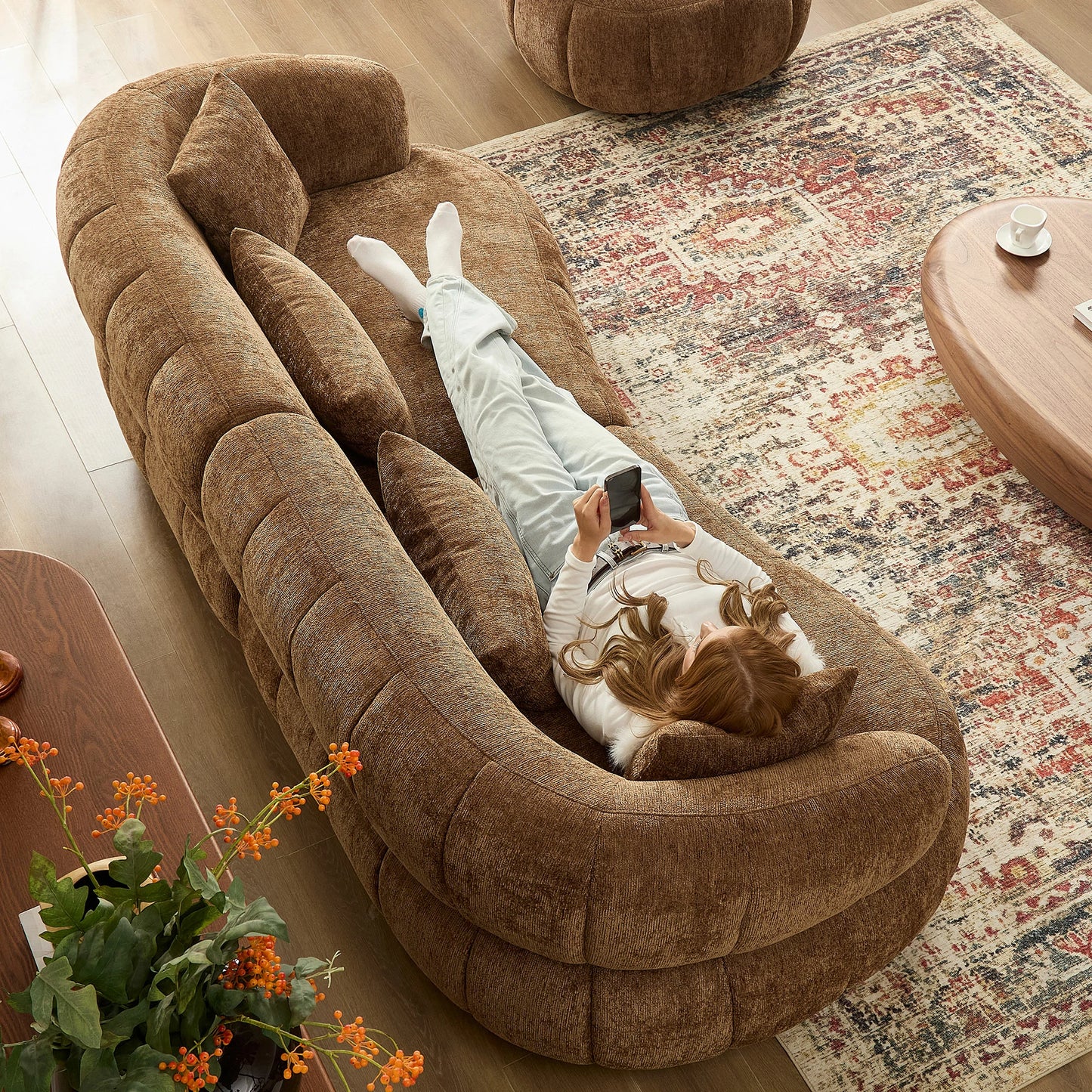 102" Cloud Curved Sectional Sofa – Textured Fabric, 4-Seat Beige/Brown