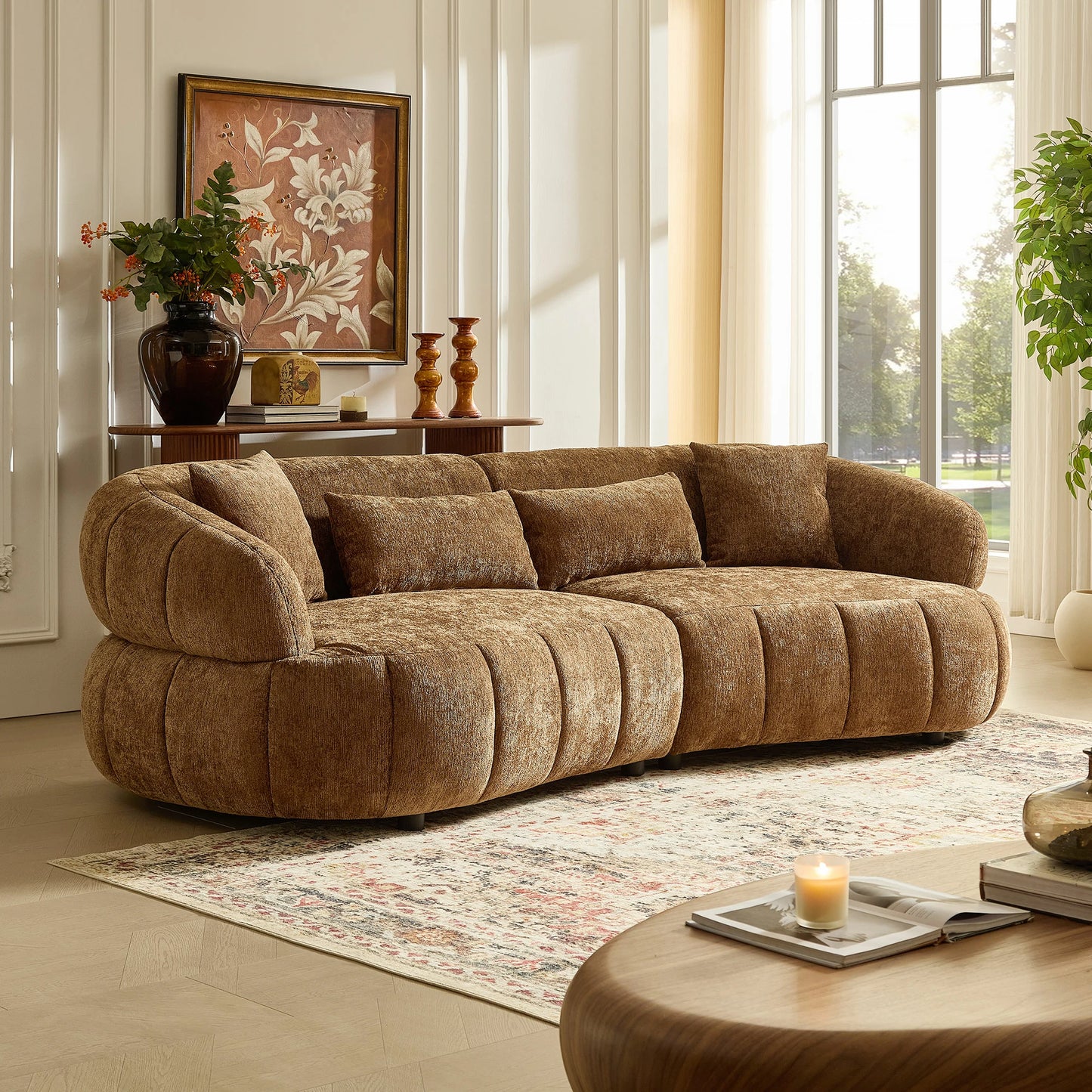 102" Cloud Curved Sectional Sofa – Textured Fabric, 4-Seat Beige/Brown