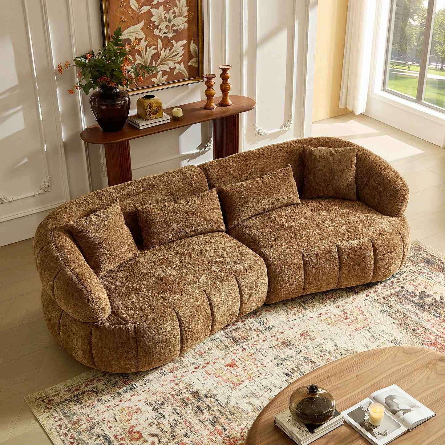 102" Cloud Curved Sectional Sofa – Textured Fabric, 4-Seat Beige/Brown