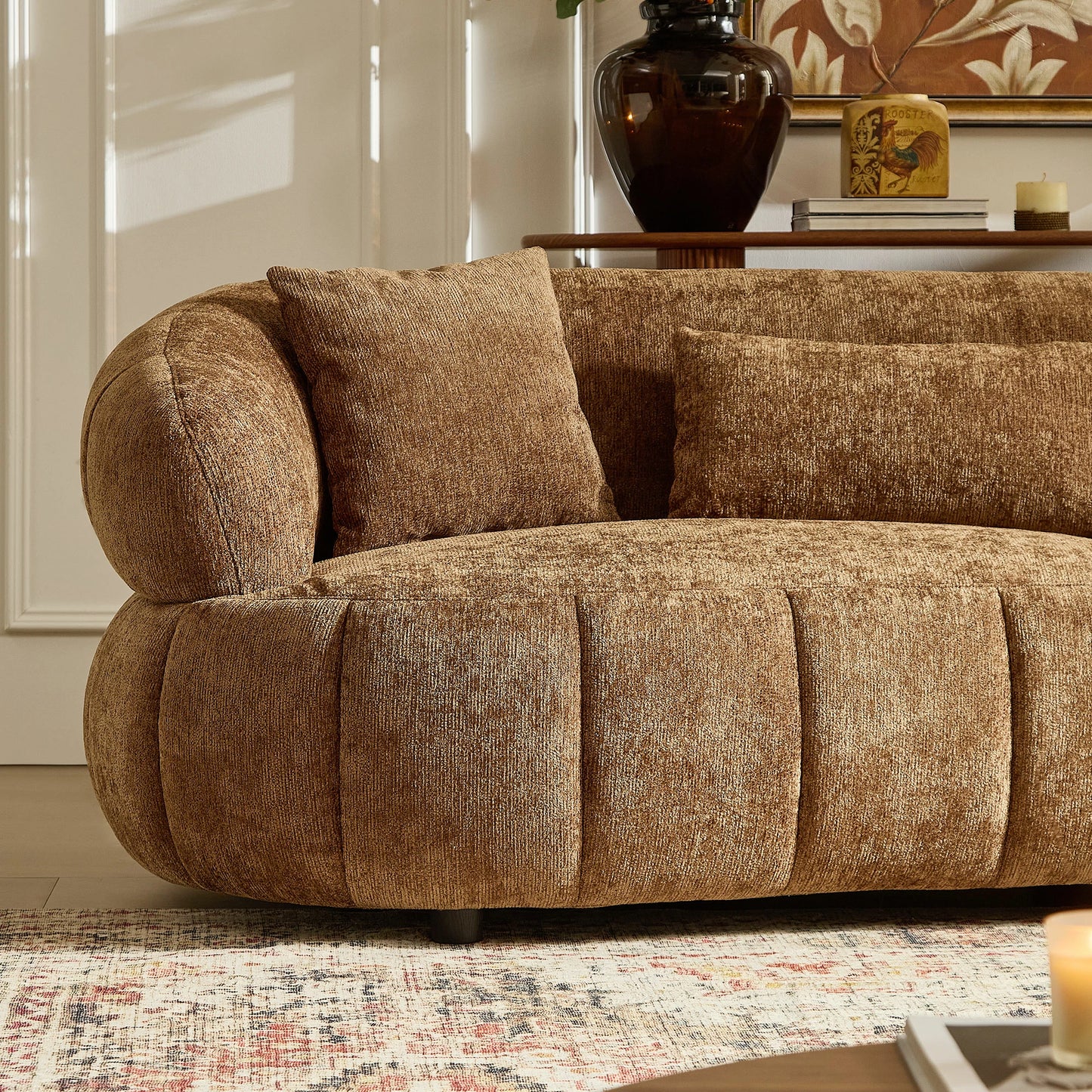 102" Cloud Curved Sectional Sofa – Textured Fabric, 4-Seat Beige/Brown