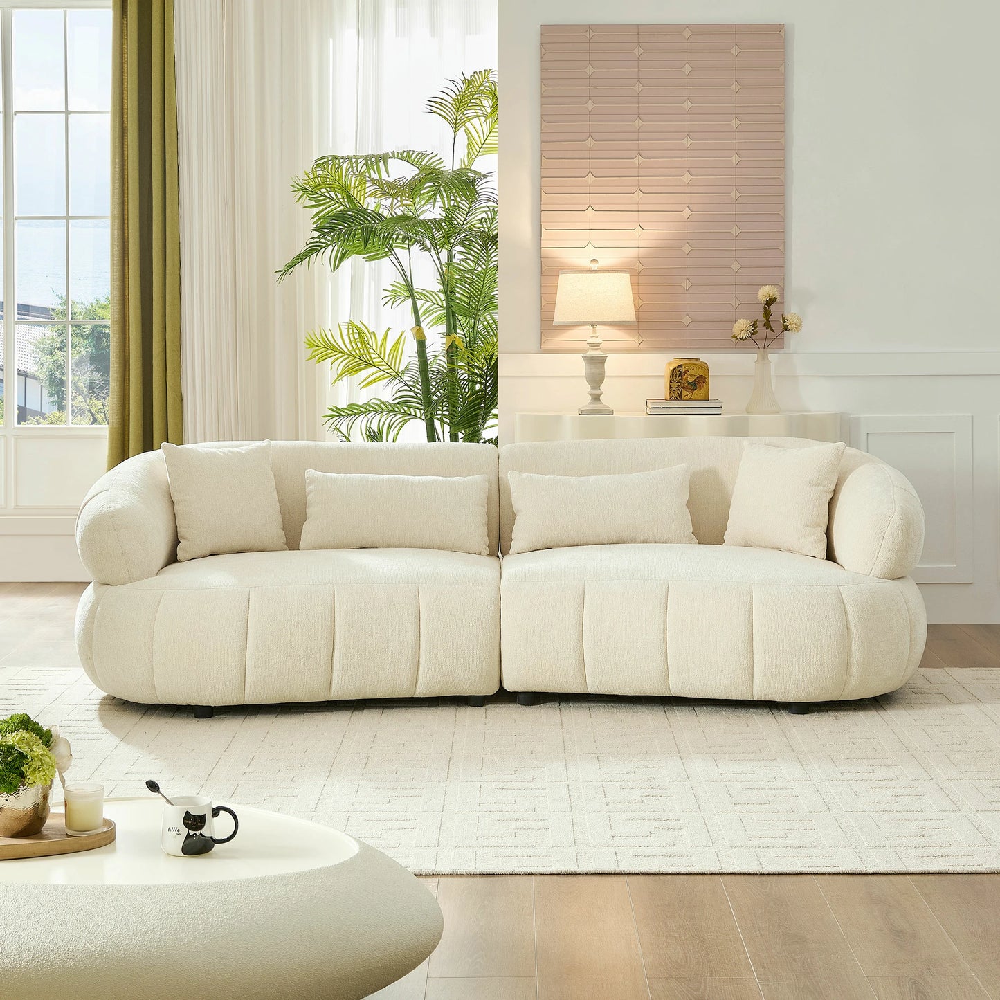 102" Cloud Curved Sectional Sofa – Textured Fabric, 4-Seat Beige/Brown