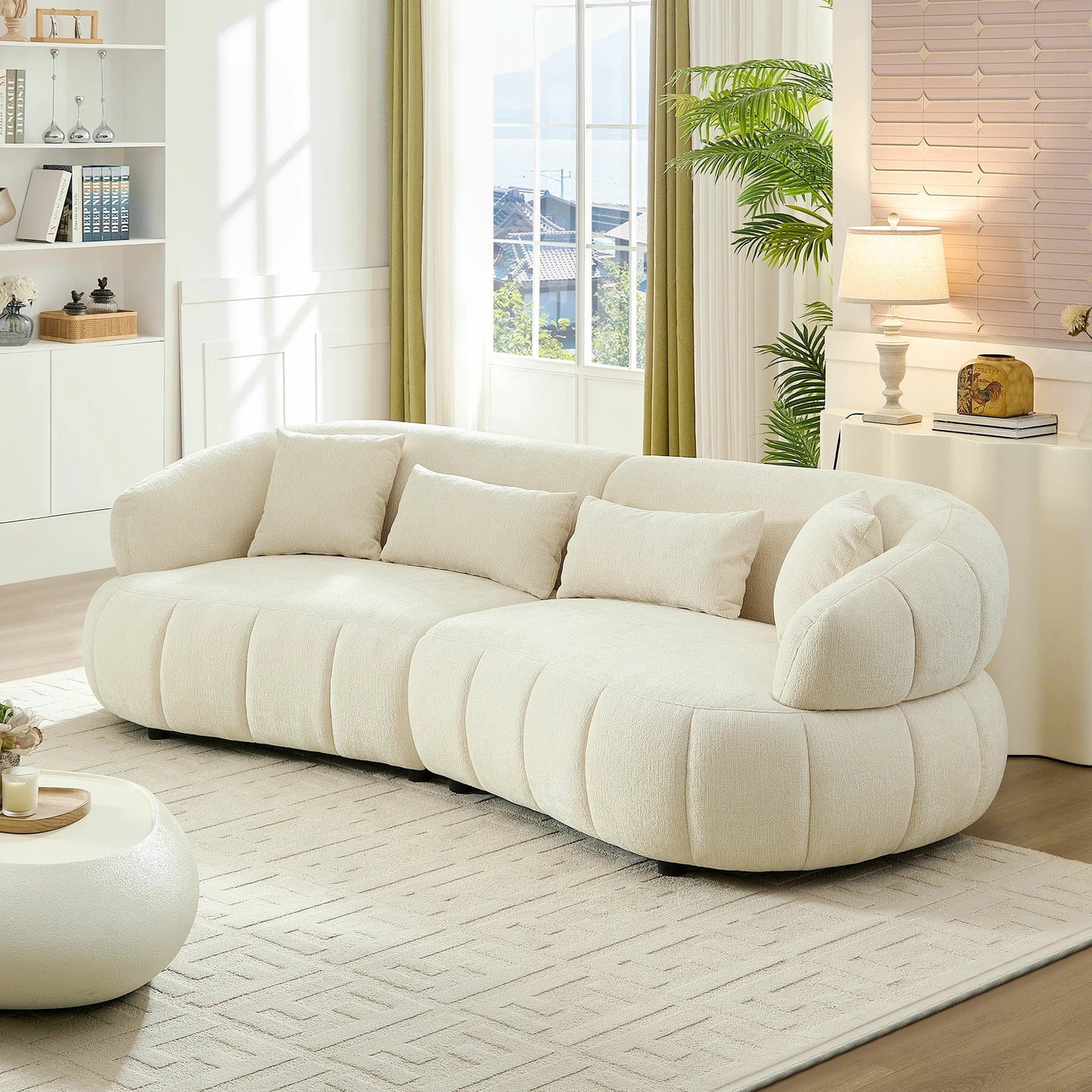 102" Cloud Curved Sectional Sofa – Textured Fabric, 4-Seat Beige/Brown
