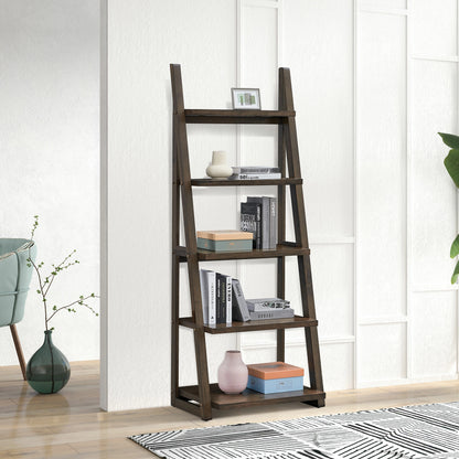 Rubber Wood Ladder Shelf - 5-Tier Bookcase for Multi-Room Use