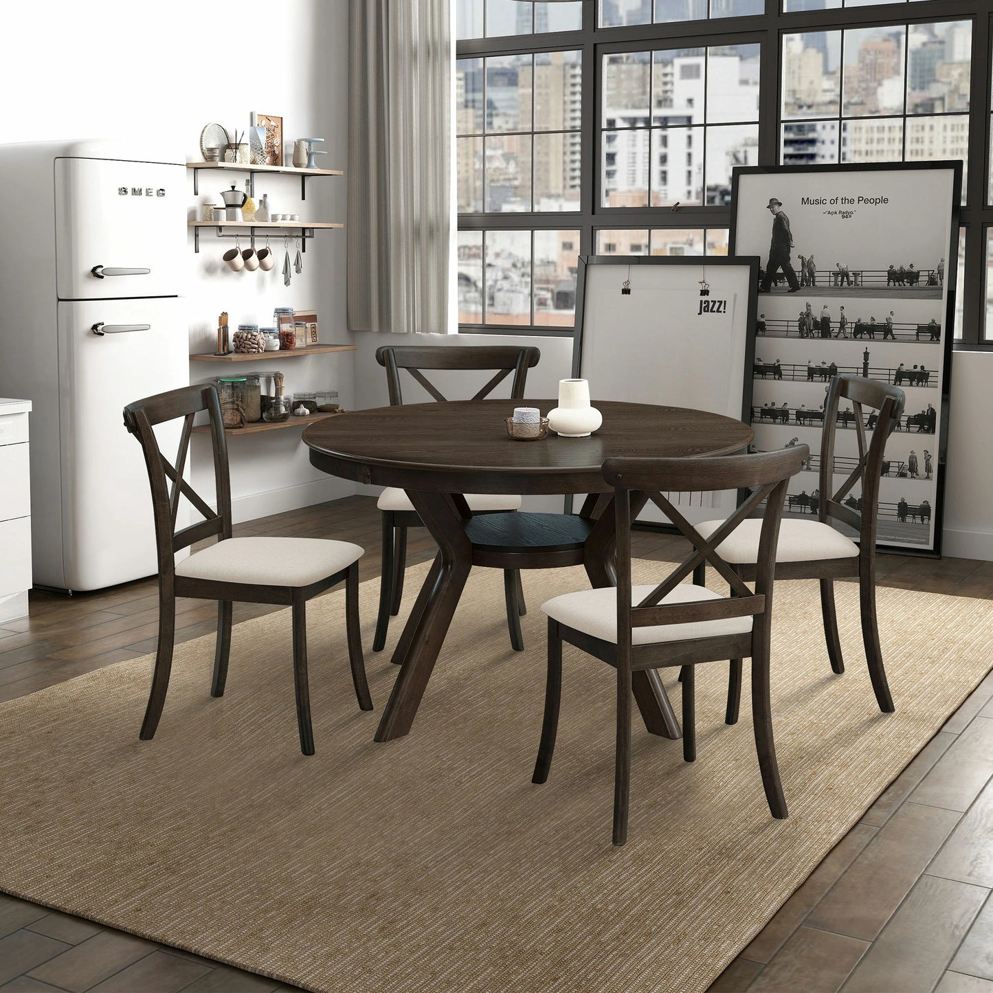 47.24" Round Rubber Wood Dining Table – Trestle Base, Seats 4-6