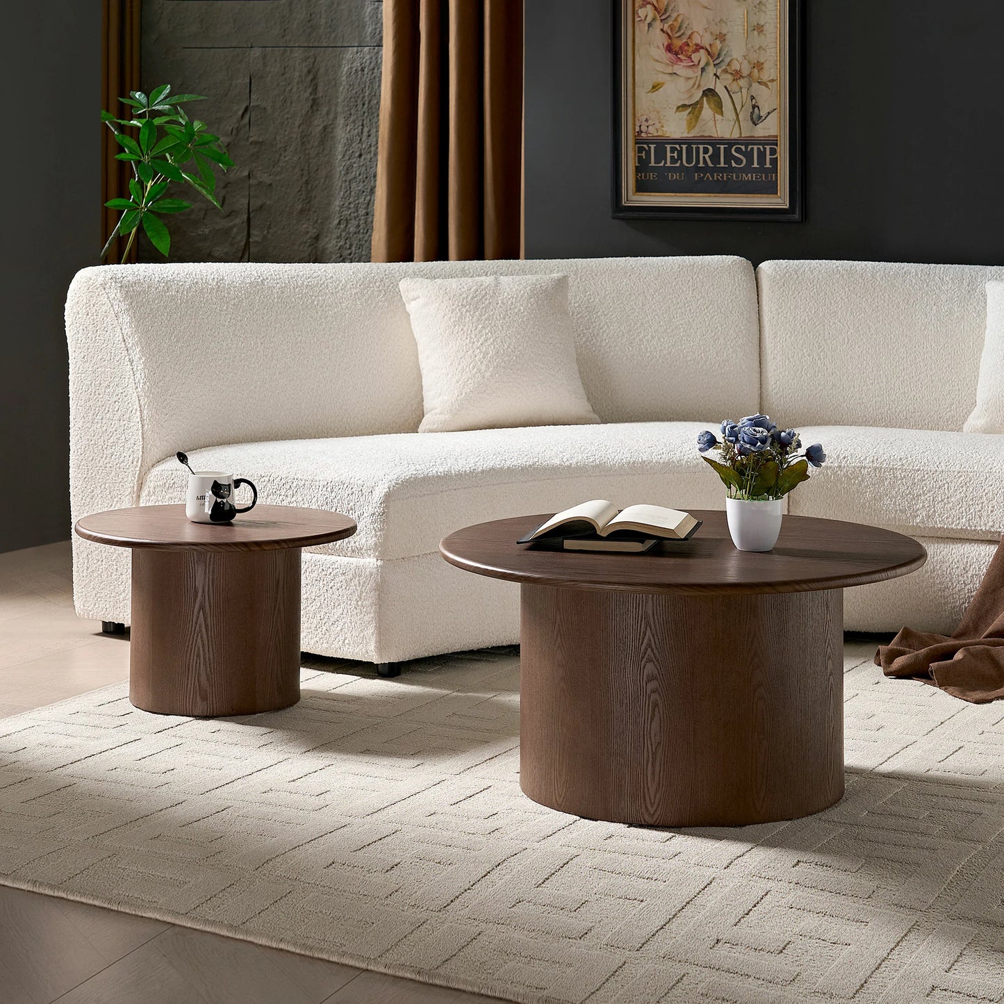 31.50“ Set of 2 MDF Round Coffee Tables with Sintered Stone Top - Black