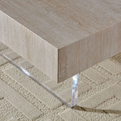 34.65'' Square Faux Travertine Coffee Table with Acrylic Legs, Modern MDF Design