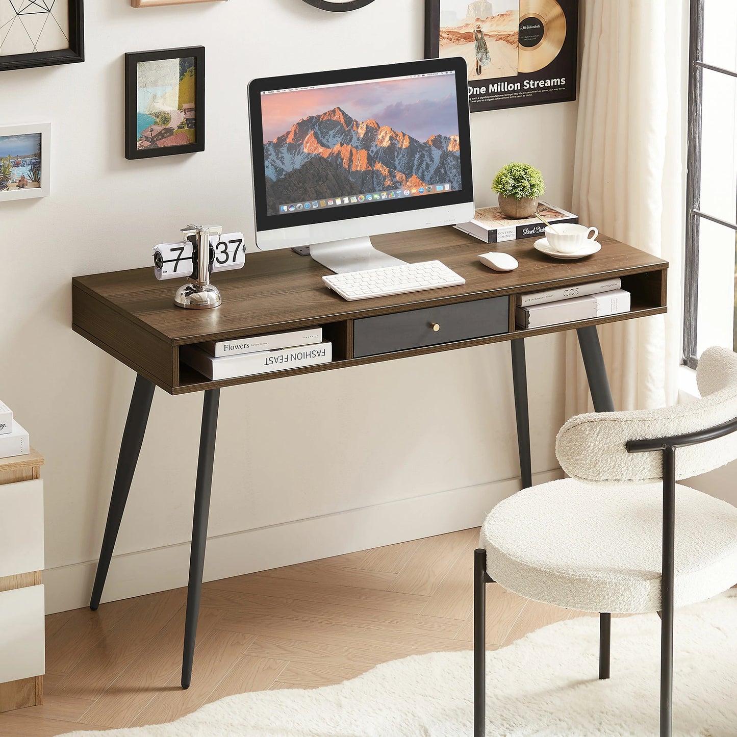 Modern Desk with USB Ports & Outlet, Drawers, Walnut & Black