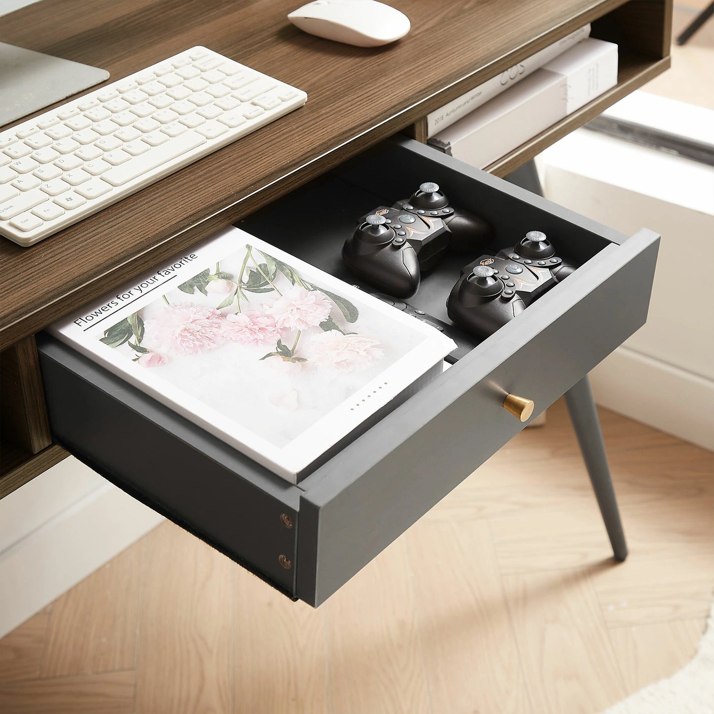 Modern Desk with USB Ports & Outlet, Drawers, Walnut & Black – Allcurved