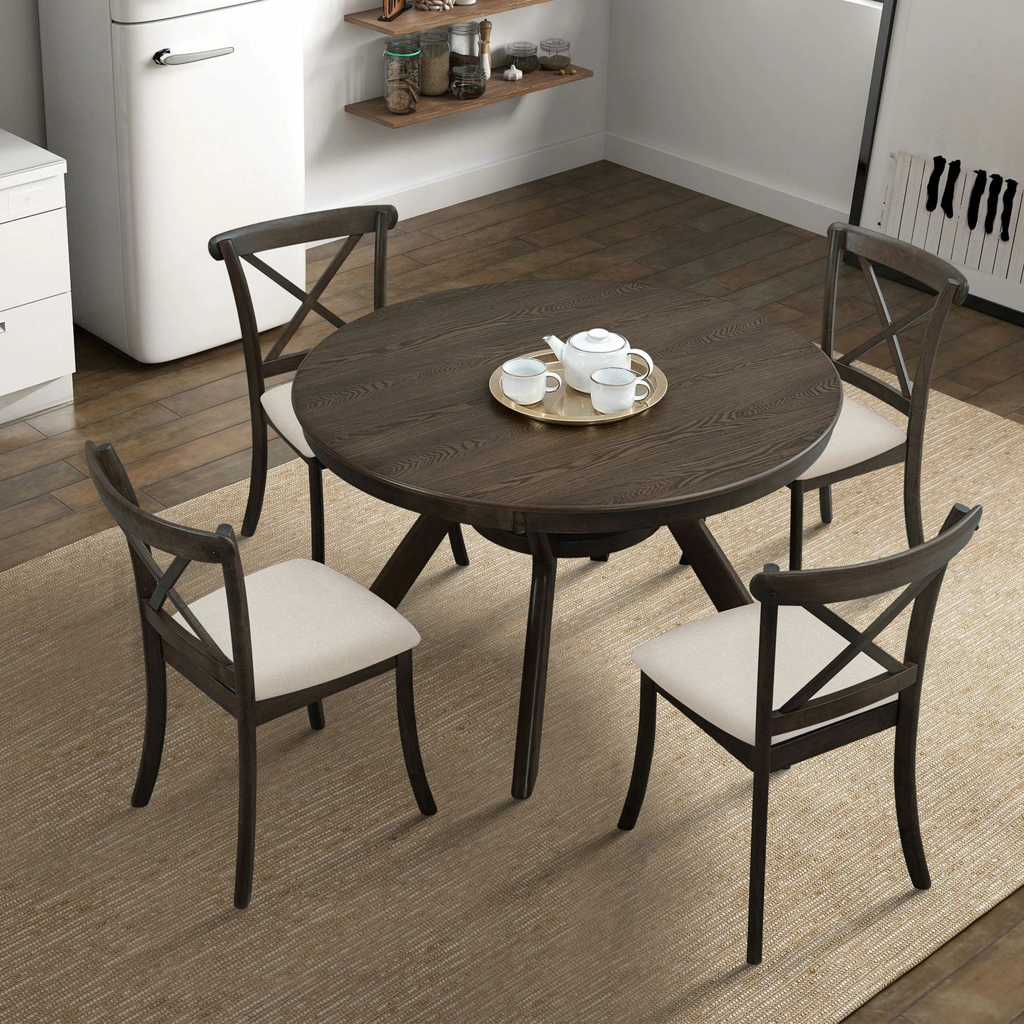 47.24" Round Rubber Wood Dining Table – Trestle Base, Seats 4-6