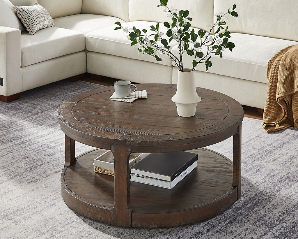 40-Inch Curved 2-Tier Round Wooden Coffee Table with Wheels, Mid-Century Rustic Style