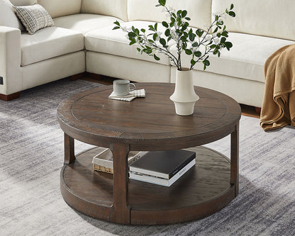40-Inch Curved 2-Tier Round Wooden Coffee Table with Wheels, Mid-Century Rustic Style