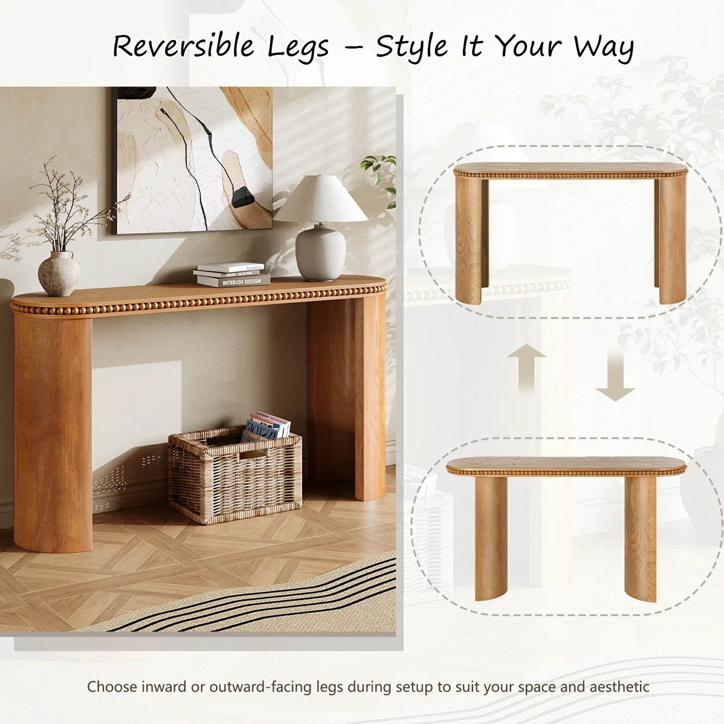 Mirod Vintage Console Table – Beaded Trim, Reversible Curved Legs