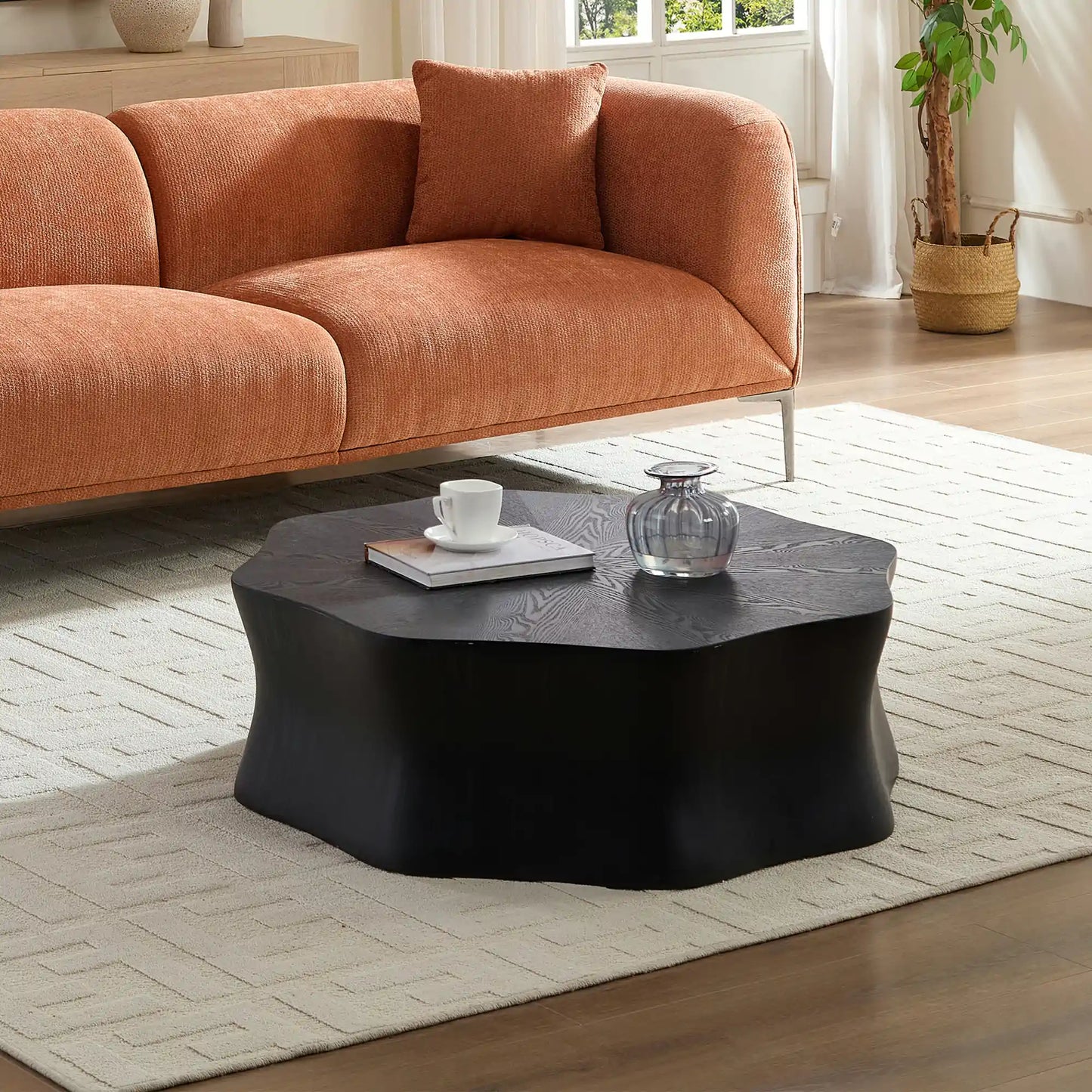 Petal Shape Coffee Table, Black Birch Wood Grain Fiberglass