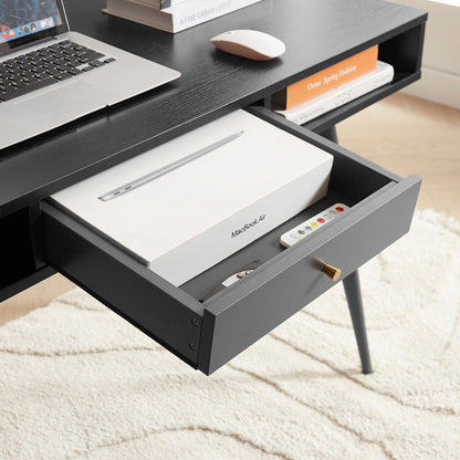 Modern Desk with USB Ports & Outlet, Drawers, Walnut & Black
