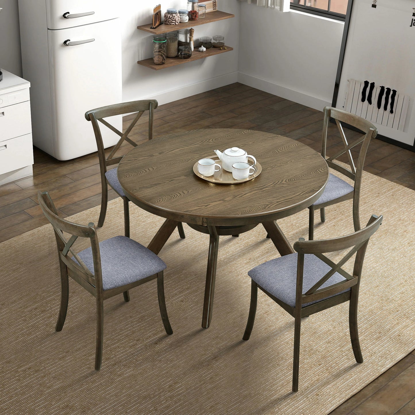 47.24" Round Rubber Wood Dining Table – Trestle Base, Seats 4-6