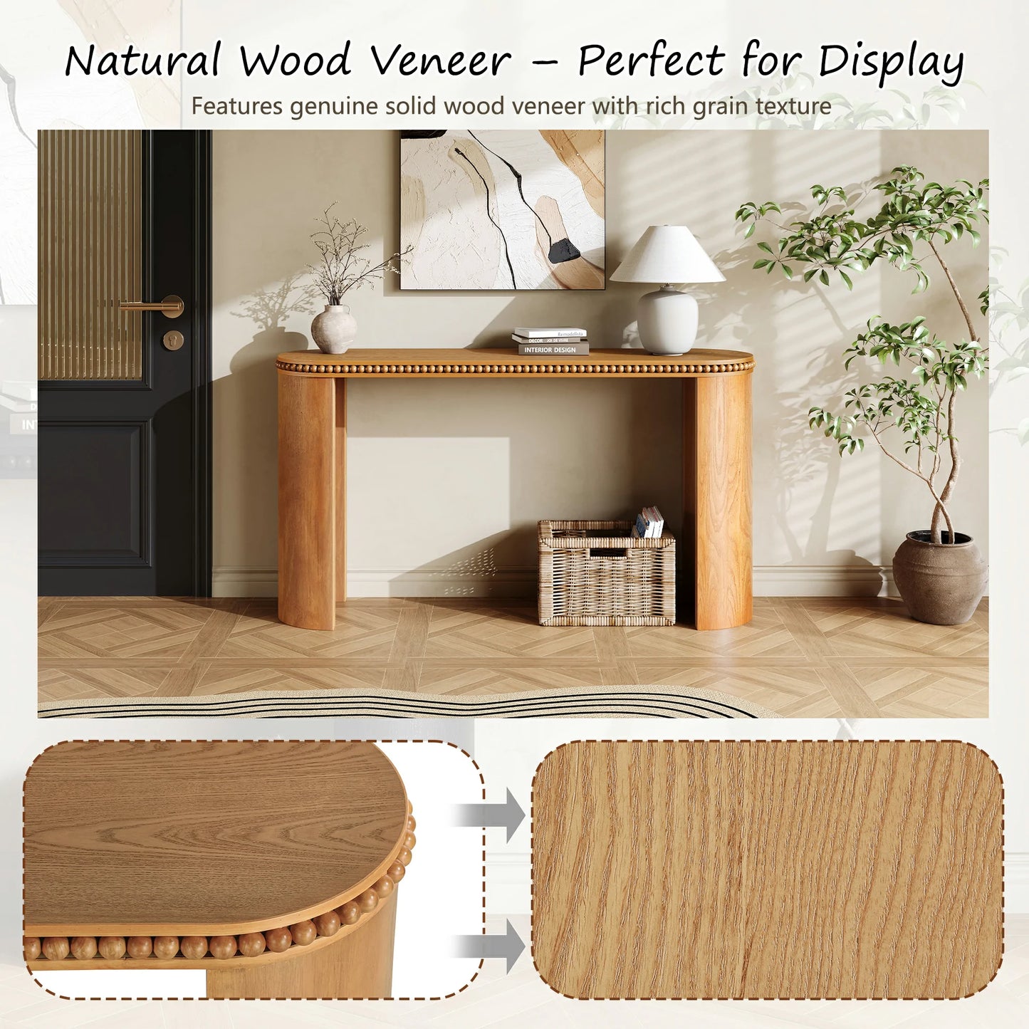 Mirod Vintage Console Table – Beaded Trim, Reversible Curved Legs