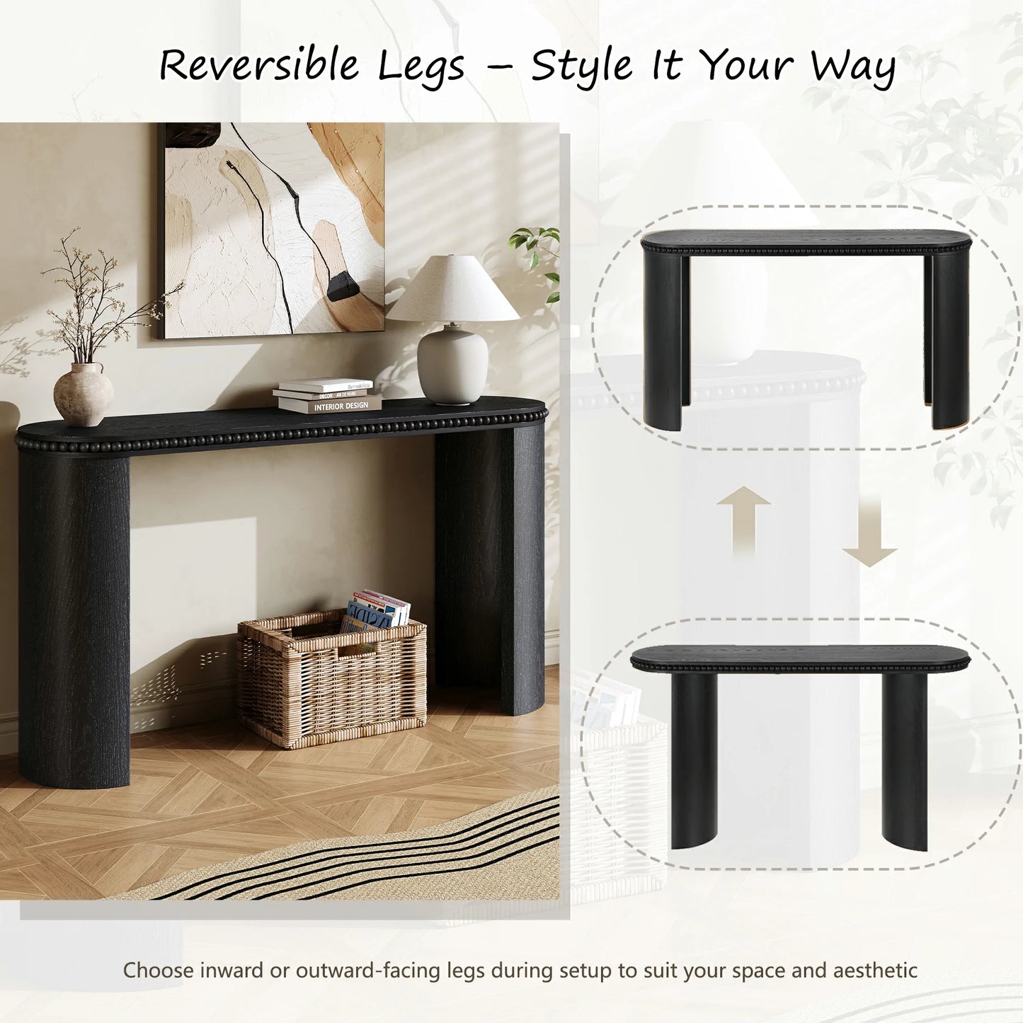 Mirod Vintage Console Table – Beaded Trim, Reversible Curved Legs