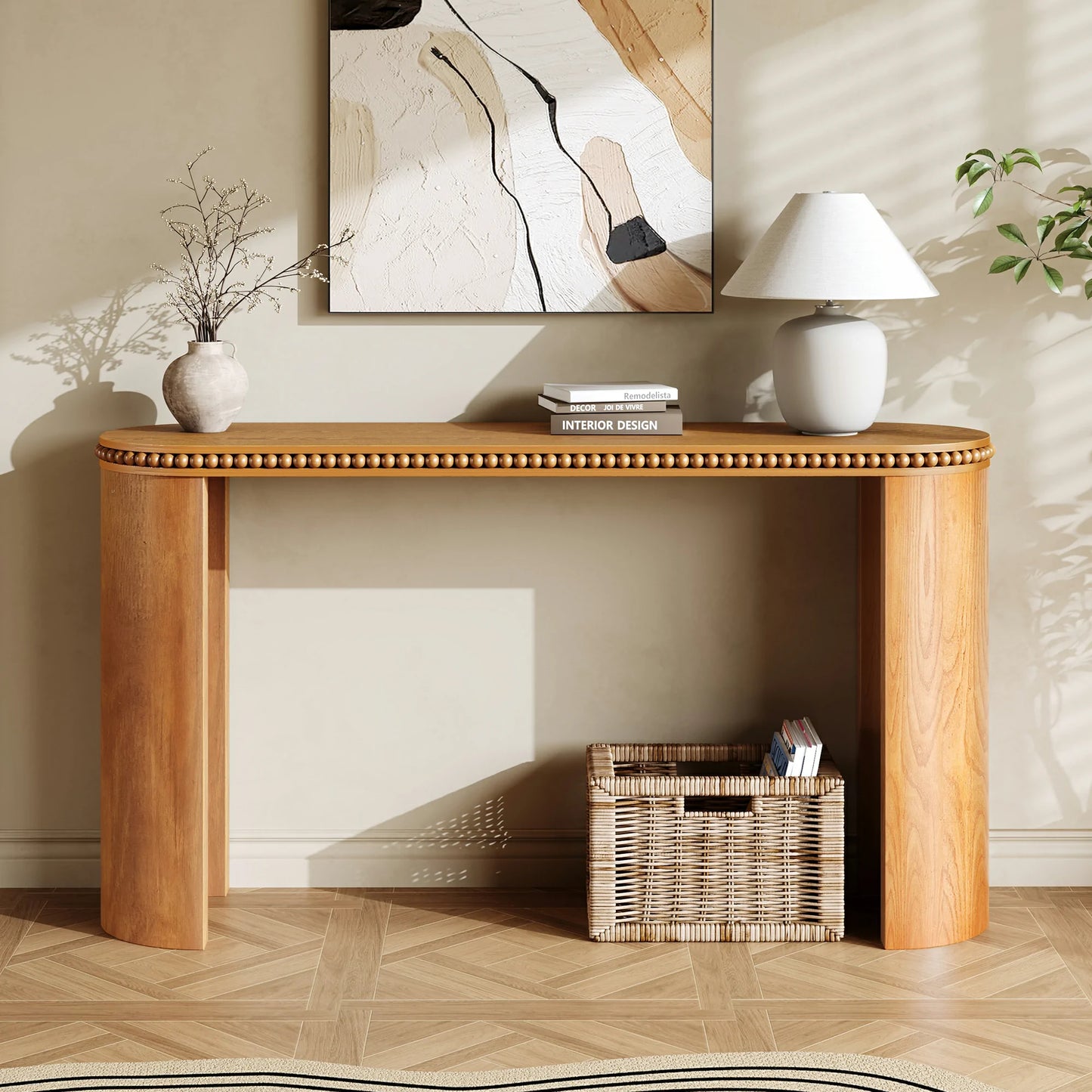 Mirod Vintage Console Table – Beaded Trim, Reversible Curved Legs