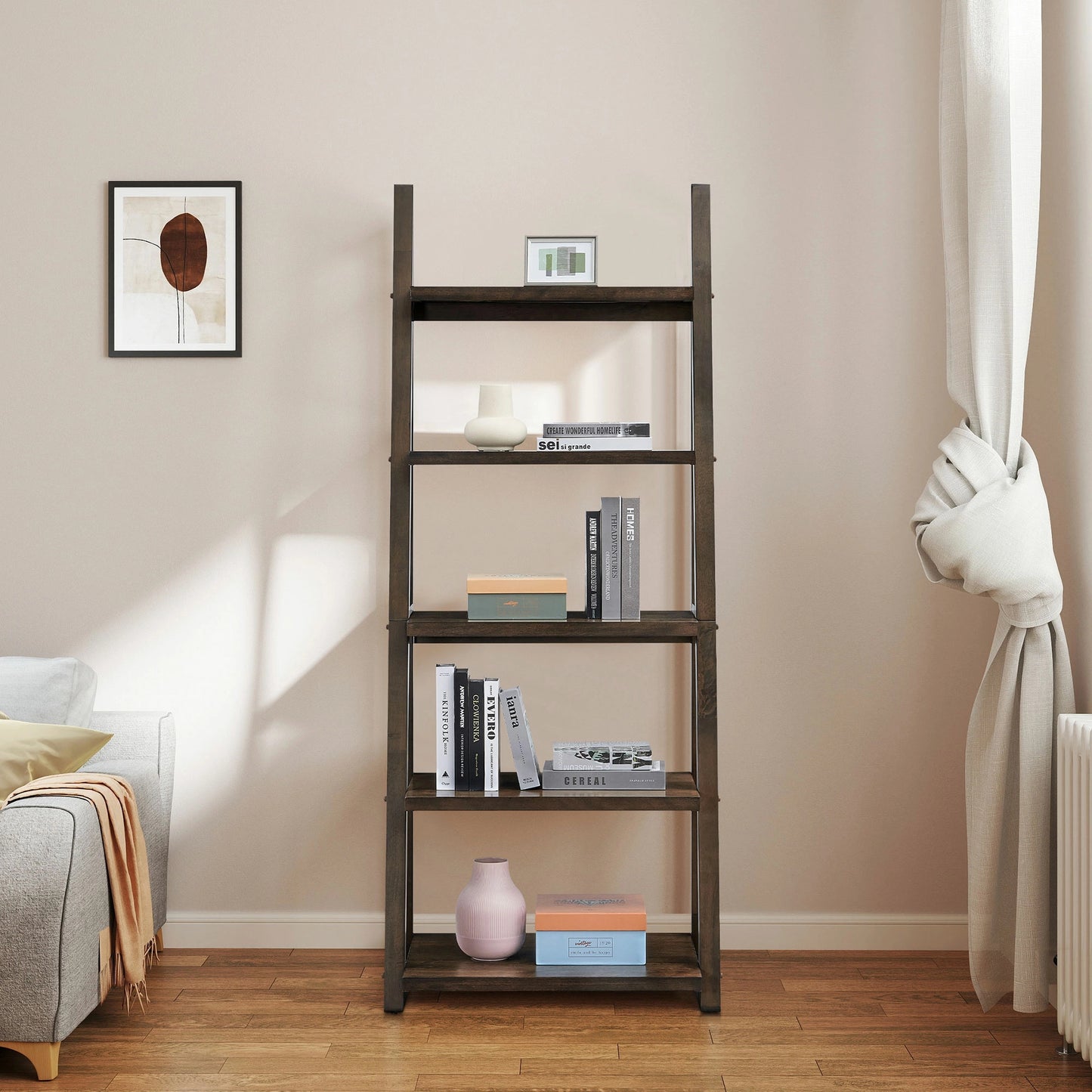 Rubber Wood Ladder Shelf - 5-Tier Bookcase for Multi-Room Use